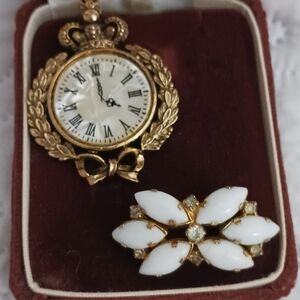 Small Haul Vintage Crown Pocket Watch M Of Pearl & Austria White Glass Brooch